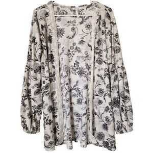 Maurices Womens Open Cardigan Cream Black Floral Large Lace Long Sleeve
